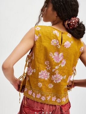 Free People Mustard Floral Tie-Side Crop Shell